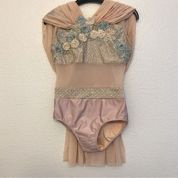 Glamour solo dance costume blush pink rhinestone custom stoned lyrical XLC child - Picture 3 of 15